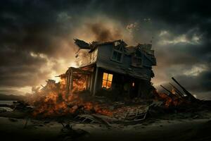 Devastated Dramatic house destroyed. Generate Ai photo
