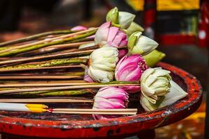 Lotus flowers used as offering in Buddhist temple photo