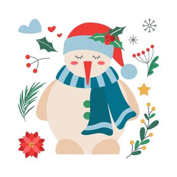 conjunto de Navidad monigote de nieve en un bufanda y sombrero con un puntilla de muérdago y bayas. vector