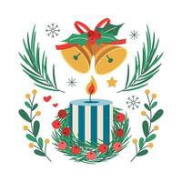 conjunto de Navidad juguete, ornamento para el árbol, campanas, rama, vela. vector