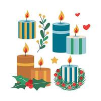 Set of Christmas candles,  berries and mistletoe leaves. vector