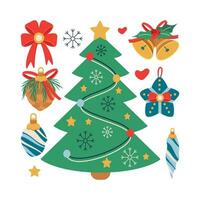 Set of Christmas tree, toy, red bow, bells, pine cone. vector