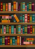 Bookshelf with books. Set of different book spines on wooden shelves. Book banner. Vector illustration of library book shelf background