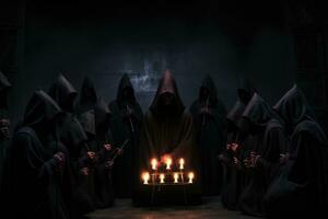 ai generado grupo de desconocido personas en el oscuro con iluminado velas Víspera de Todos los Santos concepto, un secreto sociedad reunión Graficado un conspiración, ai generado foto