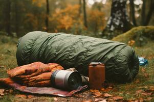 Rolled sleeping bag camping gear outdoor. Generate Ai photo