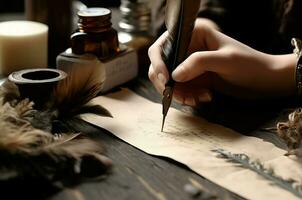 mujer utilizando pluma bolígrafo escribir tinta Copiar. generar ai foto