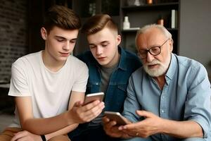 enfocado mayor padre con su hijos utilizando teléfonos inteligentes generar ai foto