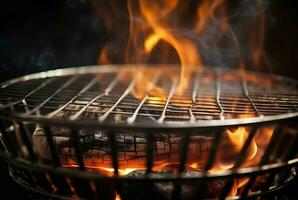 Barbecue grill with burning flames closeup photo. Generate ai photo