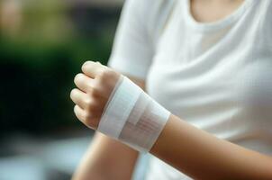 Woman adhesive bandage arm. Generate Ai photo