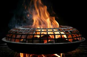 Barbecue grill with burning bonfire flames closeup photo. Generate ai photo
