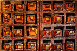 Folios of old manuscripts in Buddhist Monastery photo