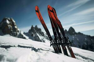 Skis in the snow mountains. Generate ai photo