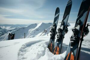 Skis in the snow on white frozen mountains top. Generate ai photo