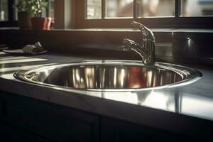 Stainless kitchen round sink. Generate ai photo