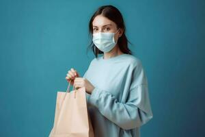 Woman wearing medical face mask with paper shopping bag. Generate ai photo