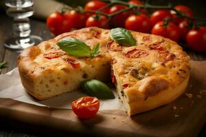 redondo focaccia con Tomates y albahaca en de madera tablero. generar ai foto