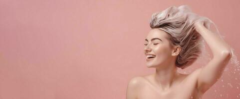 Happy woman washing her hair on pink background banner. Generate ai photo