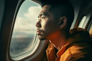 Young man admiring view out windows on airplane. Generate ai photo