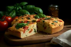 rebanado redondo focaccia con Tomates y albahaca. generar ai foto