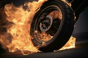 Wheel burning in fire flames. Generate ai photo