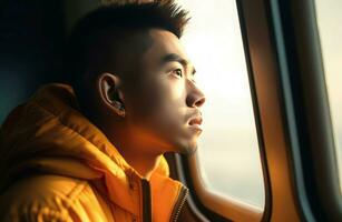 Young guy enjoys sight out windows on airplane. Generate ai photo