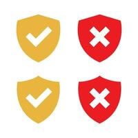 Shield with check mark and cross icon vector in flat style