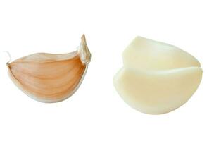 Set of Peeled and unpeeled separated garlic cloves isolated on white background with clipping path photo