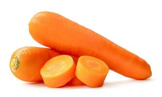 Two fresh orange carrots with slices in stack isolated on white background with clipping path photo