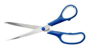 multipurpose scissors with blue handle isolated on white background with clipping path. Top view photo