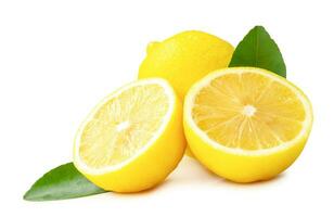 Whole fresh yellow lemon with halves and leaves in stack isolated on white background with clipping path photo