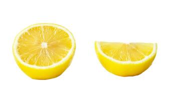 Fresh beautiful yellow lemon half with quarter in set isolated on white background with clipping path. Front view and flat lay photo