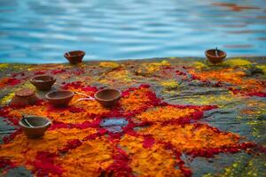 Oil Lamp Pooja Diya Lamp on ghats in Jodhpur, Rajasthan, India photo