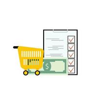 Grocery list concept. Vector product and purchase, checklist sheet approve and cart for food illustration