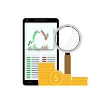 Exchange chart analysis. Golden coins, magnifying glass and smartphone with chart candlestick. Vector illustration