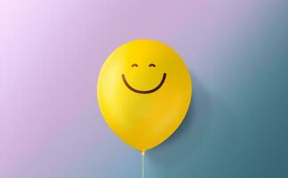 Happiness Day Concept. Happy and Optimistic Mind, Well Mental Health. Enjoying Life Everyday. a Smiling Emoticon Balloon against a colorful Wall photo