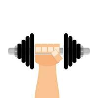 Dumbbell in hand flat cartoon. Vector training strong, sport power with dumbbell illustration