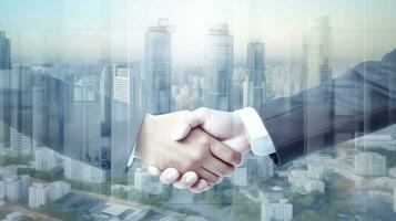 AI generated Business handshake close-up, businessmen shaking hands on a city background, concept of success teamwork, partnership and agreements AI Generated photo