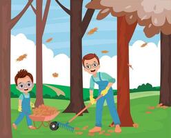 dad and cute boy cleaning dried leaves vector