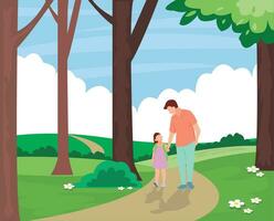 father and child walking in the forest vector