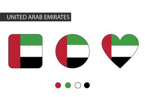 unido árabe emiratos 3 formas cuadrado, círculo, corazón con ciudad bandera. aislado en blanco antecedentes. vector