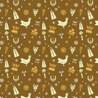 Brown and White Folk Art Pattern with Birds and Trees vector