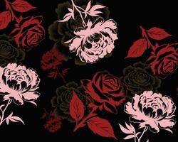 Red and Pink Roses Floral Pattern on Black Background vector