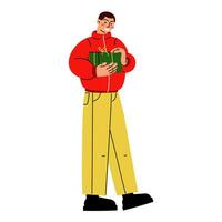 Guy is carrying a gift. Man with a gift box in his hands, a surprise for friends or a loved one. An advertising poster or banner. A Christmas present. Cartoon flat vector illustration. Guy in a jacket