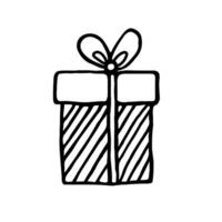 A gift box with a ribbon hand-drawn on a white background. Vector illustration in a doodle style.