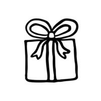 A gift box with a ribbon hand-drawn on a white background. Vector illustration in a doodle style.