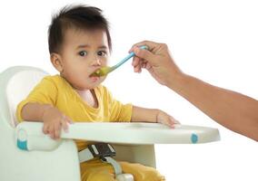 Cute white girl sitting chair eating breakfast in indoor home feeding delicious meals that are highly nutritious the baby has a cheerful face funny smiling and happy in a healthy family lifestyle. photo