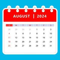 August 2024 calendar. Sunday start. Vector design