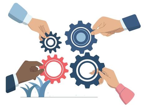 Successful teamwork, Business cooperation to solve problems, Driving the concept of efficient work processes in an organization or company, The hands of a business team move the gears together. vector