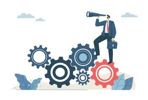 Leaders or executives who have vision, Leadership to drive the team and start production, Planning ideas for effective business strategies, Businessman looking through telescope on gear or cogwheel. vector