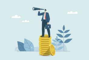 The broad vision of market leaders, Financial growth opportunities or investment profits, Searching for success and business goals, Businessman with spyglass standing on pile of gold coins. vector